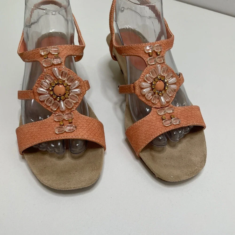 AK Anne Klein Aktinny iflex Orange Beaded Floral Wedge Sandal 8.5M Boho Festival